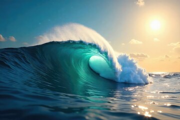 A lone wave crests, resembling a powerful leader surging forward across a vast, deep ocean  The sun glints off the water's surface, highlighting its majesty and strength ,  crest,  leader