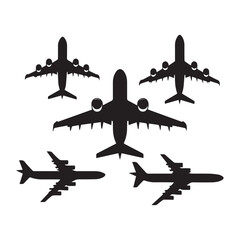 Five airplane silhouettes isolated on white background. airplane vactor