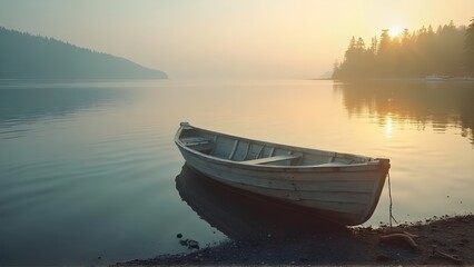 Fototapeta premium Serene Lakeside Landscape Still Water, Sunrise, and a Lone Rowboat