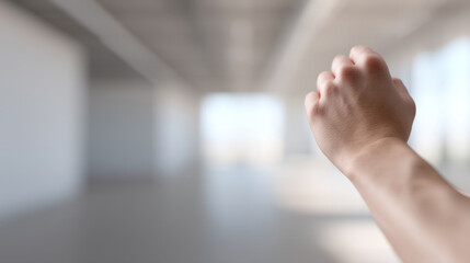 Clenched fist with blurred background of empty indoor space, conveying strength or determination, in minimalistic setting, with natural lighting and neutral tones