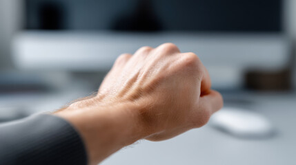 Close up of person hand clenched into fist, showing veins and skin texture, with blurred office background, conveying strength or determination
