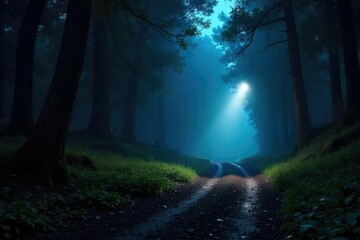 Fototapeta premium A powerful flashlight beam cuts through the darkness, illuminating a mysterious path ahead Perfect for adventure, exploration, and safety themes , black, search, woods