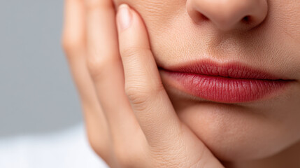 Obraz premium Close up of woman touching her cheek with pained expression, showing skin discomfort or sensitivity, with focus on lips and skin texture. image conveys feelings of discomfort or skin sensitivity