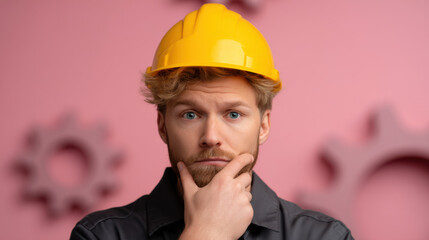 Man wearing yellow safety helmet with thoughtful expression his face, hand chin, front of pink background with blurred gear shapes, suggesting contemplation or problem solving industrial