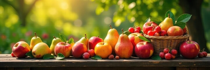 A rustic wooden bench overflowing with a vibrant assortment of freshly picked fruit, including apples, pears, plums, and peaches, bathed in warm sunlight , ripe, background