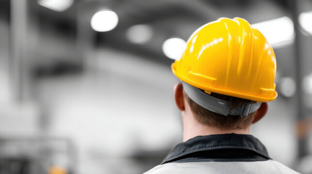 Construction worker wearing yellow safety helmet and black work jacket industrial environment with blurred background lights and machinery, showing focus safety gear and workplace environment