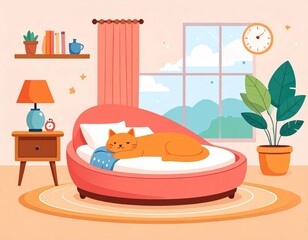 Orange Cat Sleeping On Pink Round Sofa In Cozy Room