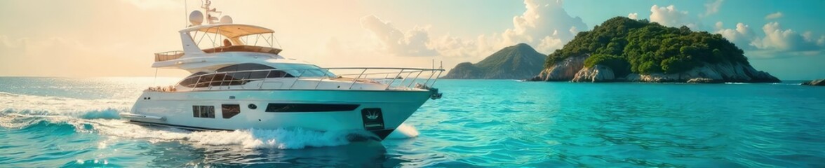 Fototapeta premium A sun-drenched yacht glides across turquoise waters, surrounded by lush islands under a vibrant summer sky The epitome of lavish summer escapes , premium travel, affluence