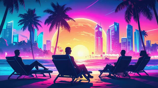 Four tourists are enjoying a vibrant sunset view from their beach chairs, with a futuristic cityscape.
