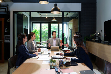 Business Meeting Asian Professionals Teamwork Collaboration Corporate Office Space Asian Women Asian Men Strategy Brainstorming Creative Solution