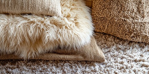 Fuzzy rug and layered textures in cozy corner