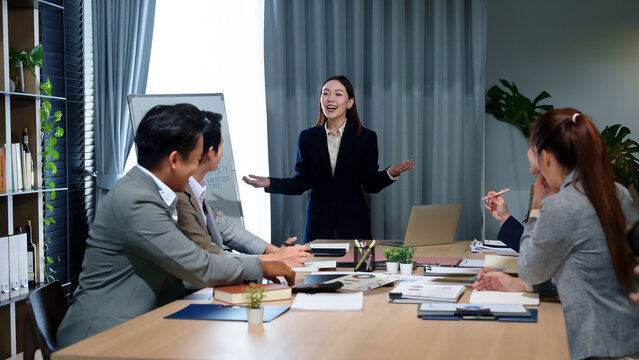 Asian Business Women Leading Meeting Corporate Teamwork Collaboration Success Presentation Strategy Brainstorming Leadership Diverse Professionals