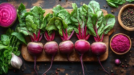 Still life of beetroots arranged on a textured wooden surface with their rich purple roots and...