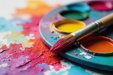Obraz premium A vibrant palette of artist's paint colors, alongside a well-used paintbrush, ready for creative expression The scene evokes artistic inspiration and the joy of painting , paintbrush, texture, art
