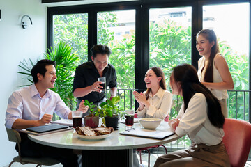 Asian Business Meeting Teamwork Collaboration Success Celebration Happy Adult People in Modern Office with Window for Corporate Strategy and Communication