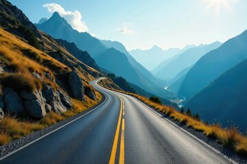 Naklejka premium A winding mountain road disappears into the distance, symbolizing a long and challenging journey ahead The rugged terrain and distant peaks evoke a sense of adventure and the unknown , shadow, hills