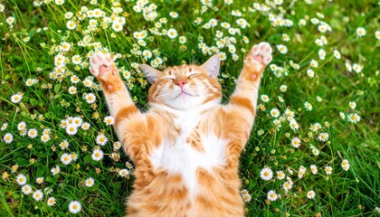 Cute ginger tabby kitten on green grass