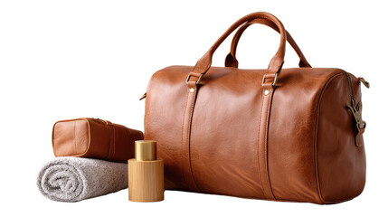 Leather Travel Duffel Bag: A stylish brown leather duffel bag sits beside a neatly arranged toiletry bag, towels, and a perfume bottle, suggesting a travel-ready aesthetic.