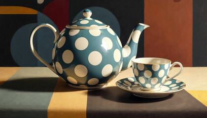 Polka Dot Teapot and Teacup Still Life with Geometric Shapes