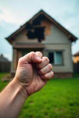 Close-up of a determined fist clenching, knuckles white, against a blurred backdrop of a damaged house, symbolizing the struggle to protect one's home , fight, conflict, tenacity