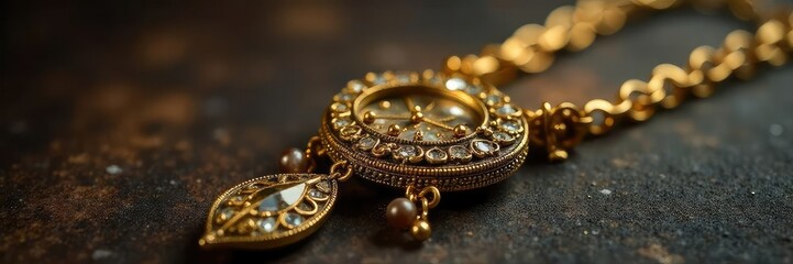 Close-up of antique gold jewelry, intricate detailing, luxurious feel, aged patina, vintage charm, timeless elegance , timeless, golden