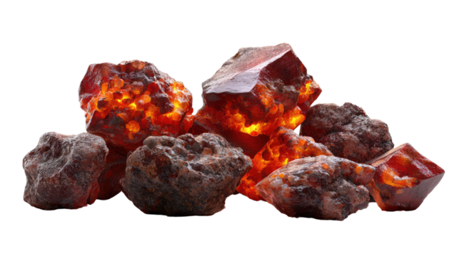 Gemstone's Glow: A collection of glistening gemstones, their amber and ruby hues illuminated against a stark background, exudes a mesmerizing display of natural beauty and precious allure.