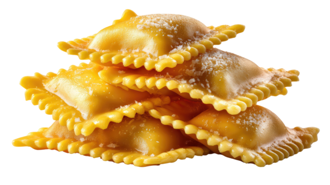 Golden Pillows of Flavor: A mouthwatering display of perfectly cooked ravioli, stacked high, their golden hue hinting at the savory filling and delightful texture within.