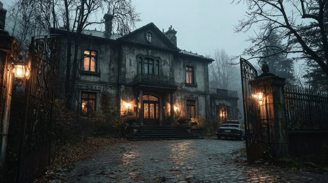 Fototapeta Eerie Mansion at Dusk with Cobblestone Pathway and Vintage Car