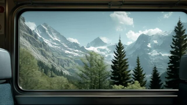 Spectacular mountain panorama seen from a train window offers a breathtaking travel experience.