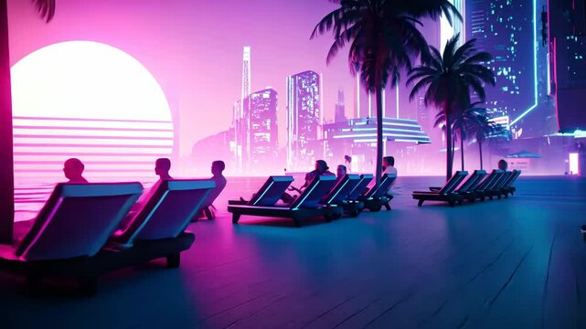 Tourists are enjoying sunset on futuristic beach loungers by the sea, with a vibrant neon cityscape.