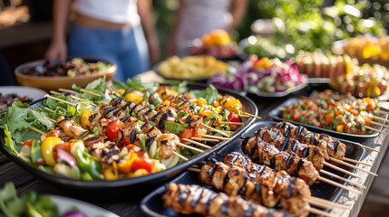 Obraz premium a summer BBQ party with people serving food buffet-style, colorful salads, and grilled skewers on a picnic table