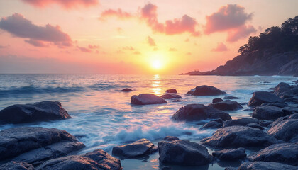 Serene Sunset Over Minimalist Rocky Shoreline with Gentle Waves