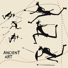 Art of ancient people. Rock painting. Primitive drawings. Everyday scenes from the life of ancient people