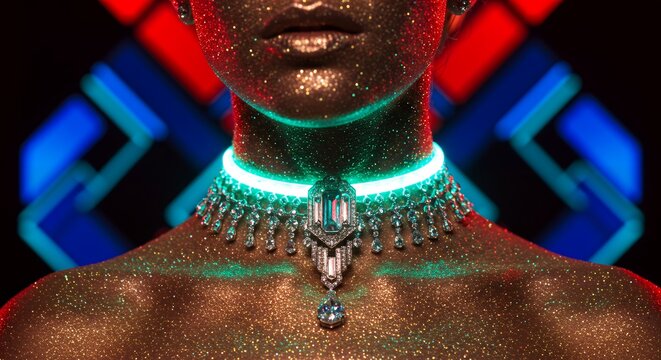 A person covered in shimmering glitter wears a futuristic glowing choker necklace, with bold lips and a dynamic neon light background, creating a cyberpunk, high-fashion aesthetic.