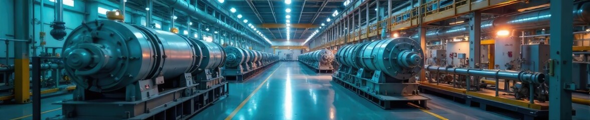 Obraz premium Gleaming new power plant components, meticulously assembled, ready for operation Clean lines and modern technology showcase efficient energy production , energy production, power station, technology