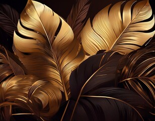 digital illustration of tropical leaves in dark gold tones