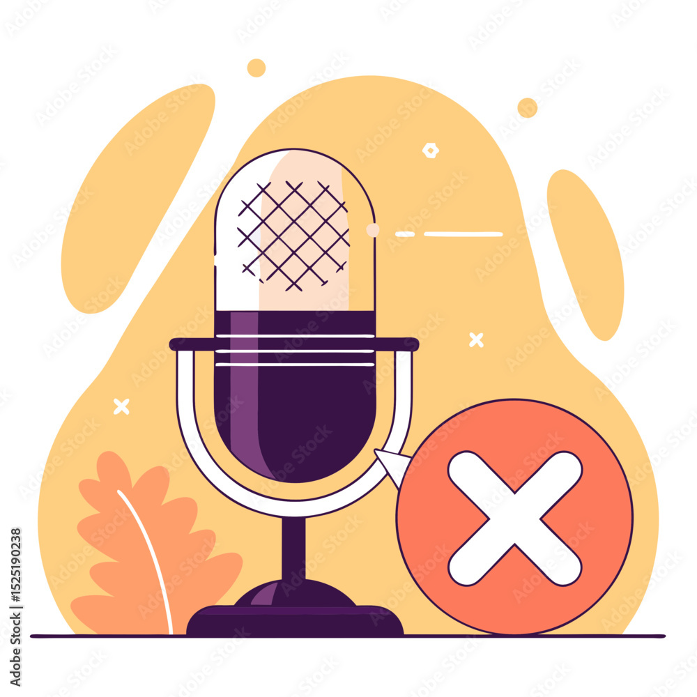 Poster illustrative image of a microphone with a no-entry sign, suggesting restriction in usage or access.