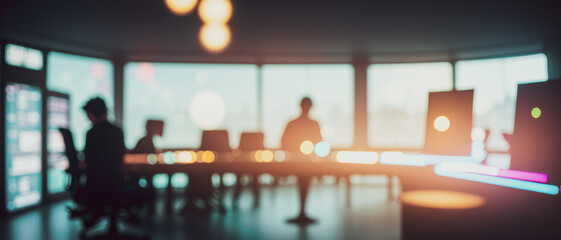 Blurred office scene with people conference table and large windows during daytime.futuristic photos with premium quality for poster and banner backgrounds