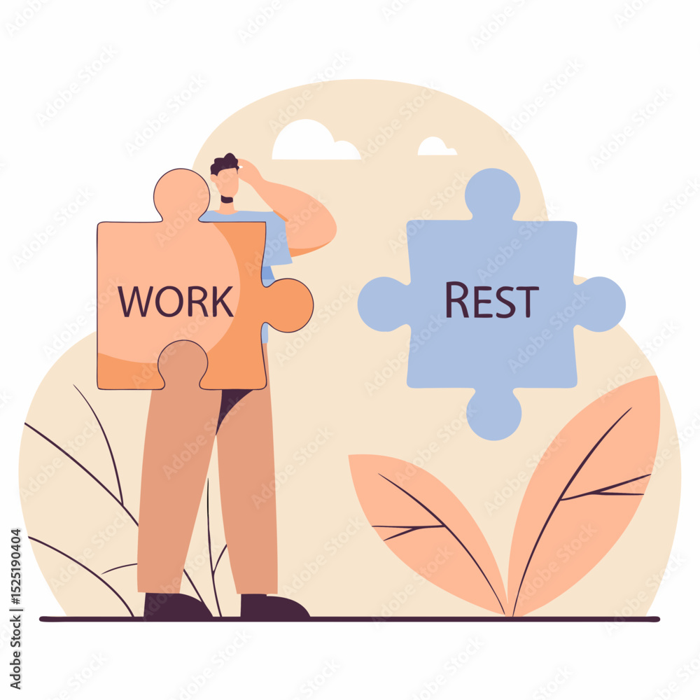 Poster a man is holding a puzzle piece with the word work on it. the puzzle piece is missing, and the man i