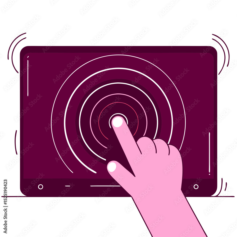 Poster digital drawing of hand touching a tablet screen with motion lines indicating touch and movement.