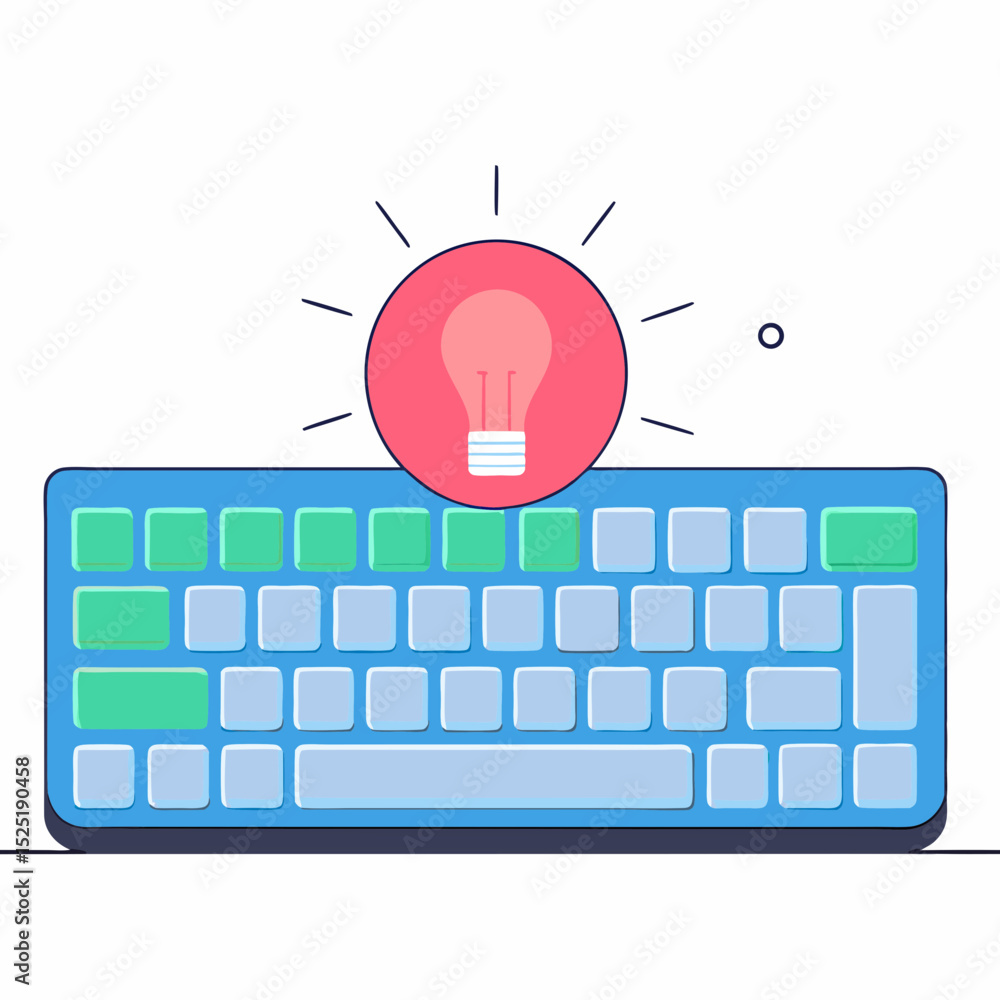 Poster a keyboard with a light bulb on top of it. the light bulb is glowing and the keyboard is blue