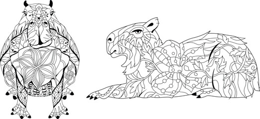 Zentangle stylized Capybaras for coloring book. Hand drawn decorative vector illustration