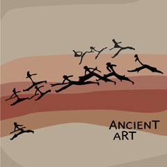 Art of ancient people. Rock painting. Primitive drawings. Everyday scenes from the life of ancient people