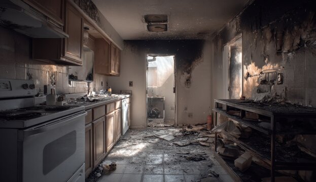Kitchen interior after fire damage devastation