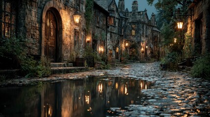 Fototapeta premium Enchanted Cobblestone Street at Twilight with Illuminated Lanterns and Reflections