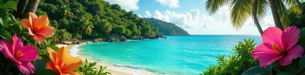 Fototapeta premium Lush green jungle meets pristine turquoise ocean, vibrant flowers blooming in the warm sun, creating the ultimate tropical paradise escape , paradise, island