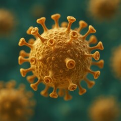Fototapeta premium Macro view of virus with orange spikes against teal background. AI-generated.