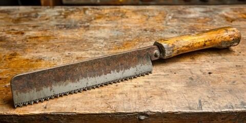 Hand saw with serrated edge on a workbench