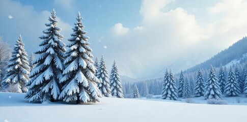 Fototapeta premium Majestic pine trees stand tall under a blanket of fresh winter snow, their branches heavy with the white powder A serene winter landscape, perfect for holiday or nature themes , frozen, peaceful