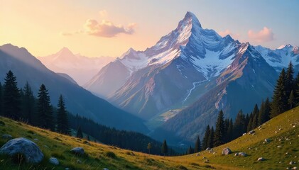 Fototapeta premium Majestic snow-capped peaks rise above a valley, bathed in the golden light of sunrise Serene alpine landscape perfect for travel, nature, and adventure themes , sky, sunrise, terrain